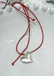 silver onyx ribbon &amp; red silk heart  necklace